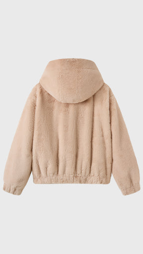 Giacca con cappuccio in peluche sintetica con zip e coulisse