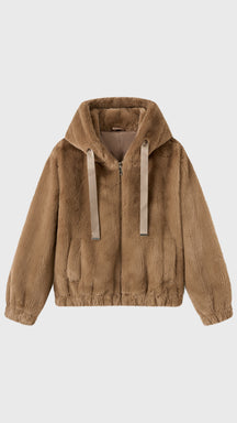 Giacca con cappuccio in peluche sintetica con zip e coulisse