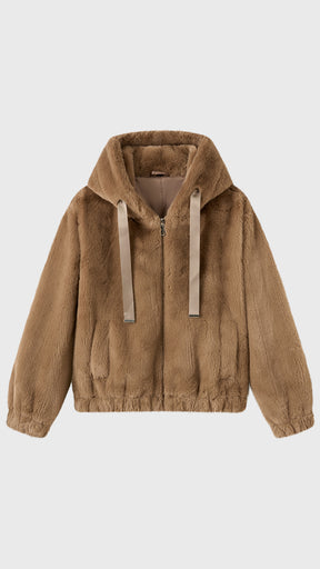 Giacca con cappuccio in peluche sintetica con zip e coulisse