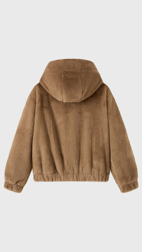 Giacca con cappuccio in peluche sintetica con zip e coulisse
