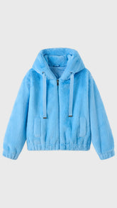 Giacca con cappuccio in peluche sintetica con zip e coulisse