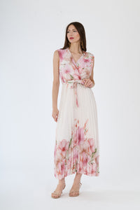 Donna con abito lungo Rosa a fiori, scollatura a V, senza maniche e fascia vita