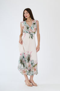Donna con abito lungo Salvia a fiori, scollatura a V, senza maniche e fascia vita