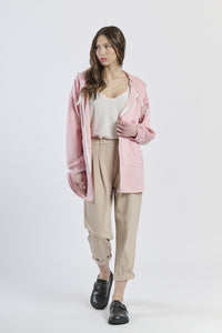 Felpa con cappuccio rosa, zip frontale, taglio oversize, stile dolce