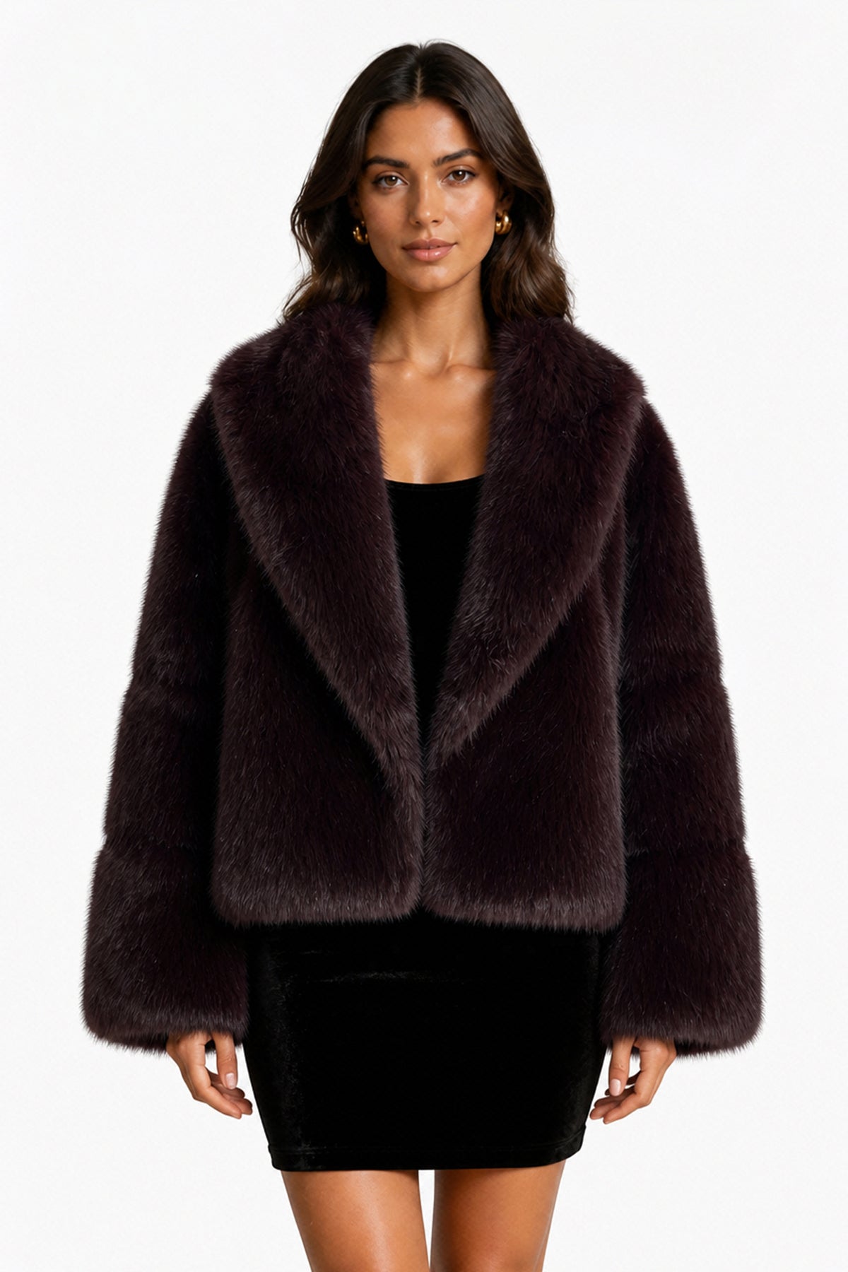 Giacca Corta Donna in Peluche Sintetico, Collo a Revers Ampio, Modello Corto Invernale Elegante-3