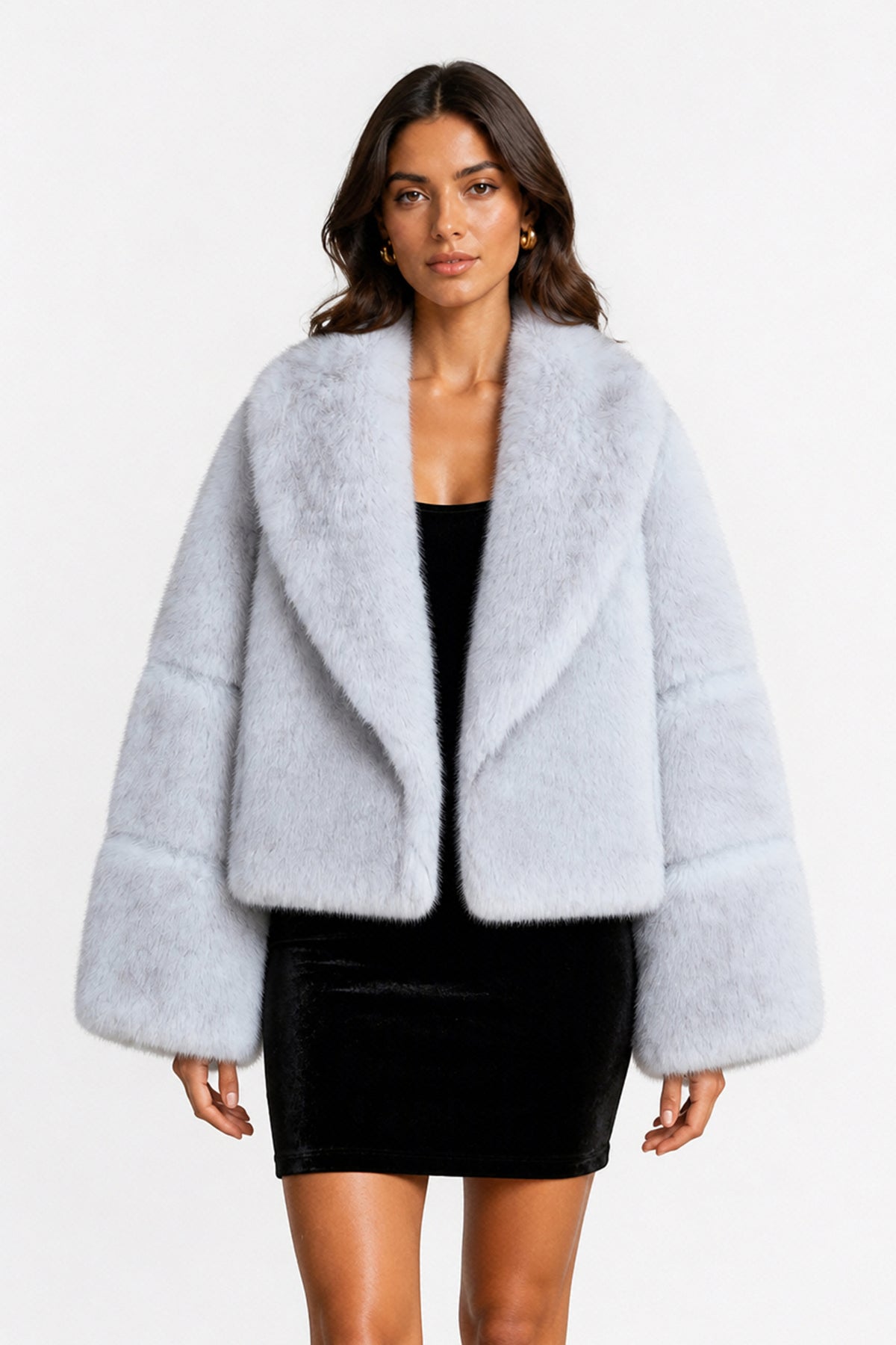 Giacca Corta Donna in Peluche Sintetico, Collo a Revers Ampio, Modello Corto Invernale Elegante-5