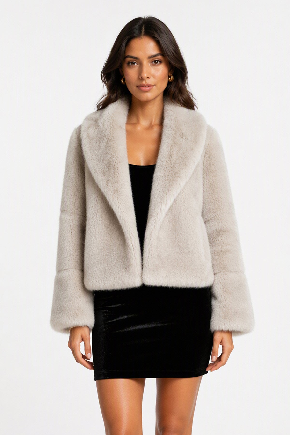 Giacca Corta Donna in Peluche Sintetico, Collo a Revers Ampio, Modello Corto Invernale Elegante-1