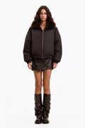 Giacca Corta Invernale Donna Doppio Uso, Collo Ampio in Peluche Sintetico, Chiusura con Zip, Giacca Bomber Reversibile Casual-1