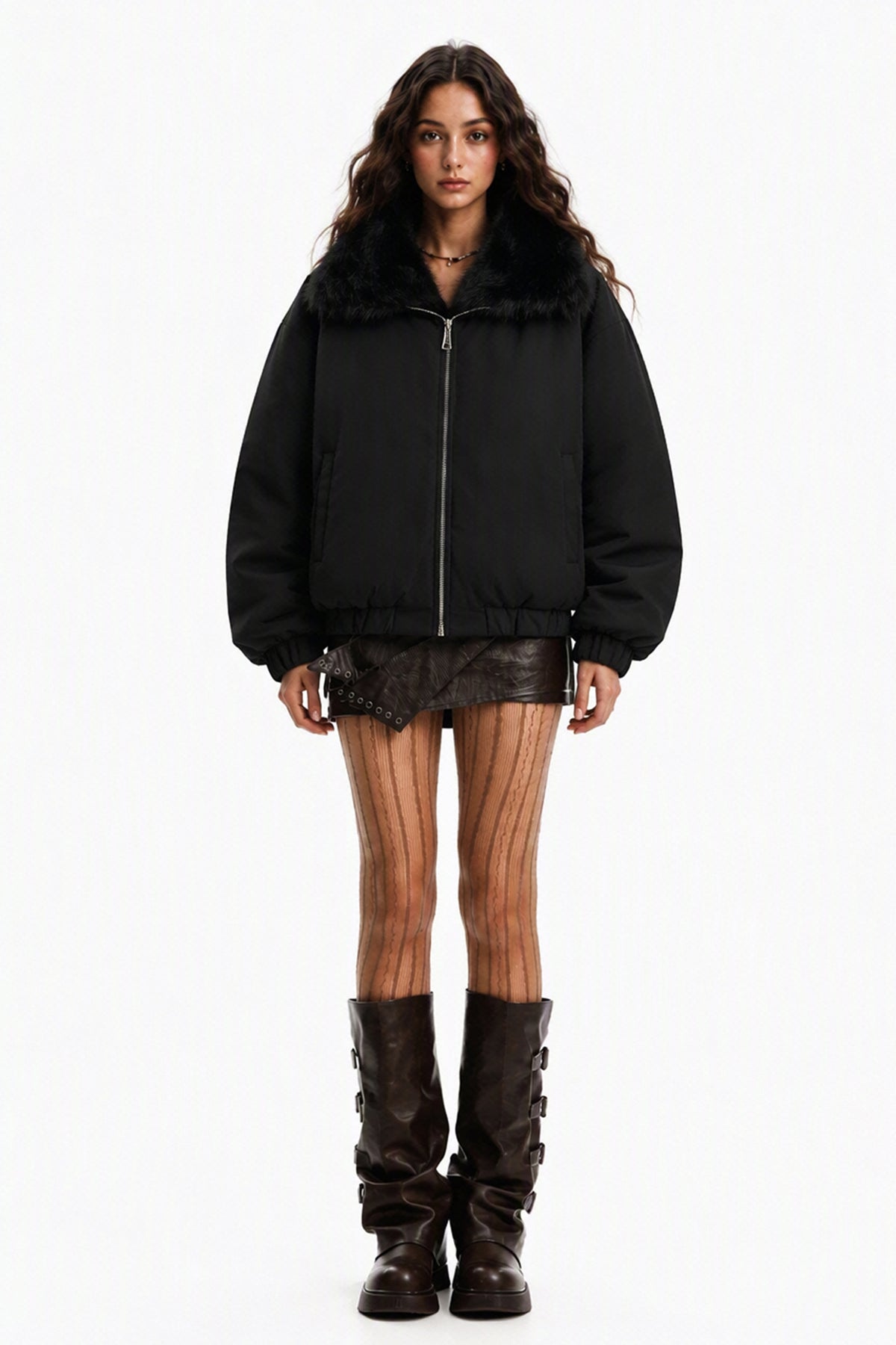Giacca Corta Invernale Donna Doppio Uso, Collo Ampio in Peluche Sintetico, Chiusura con Zip, Giacca Bomber Reversibile Casual-2