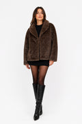 Giacca Corta Donna in Peluche Sintetico, Collo a Revers Ampio, Modello Corto Invernale Elegante Caffe-1