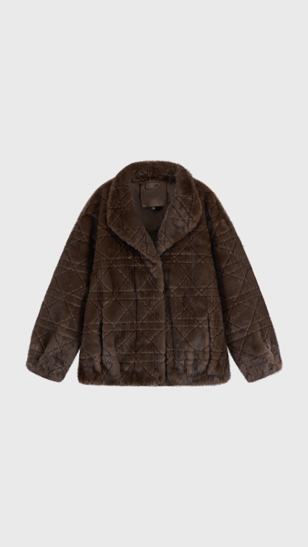 Giacca Corta Donna in Peluche Sintetico, Collo a Revers Ampio, Modello Corto Invernale Elegante Caffe-1