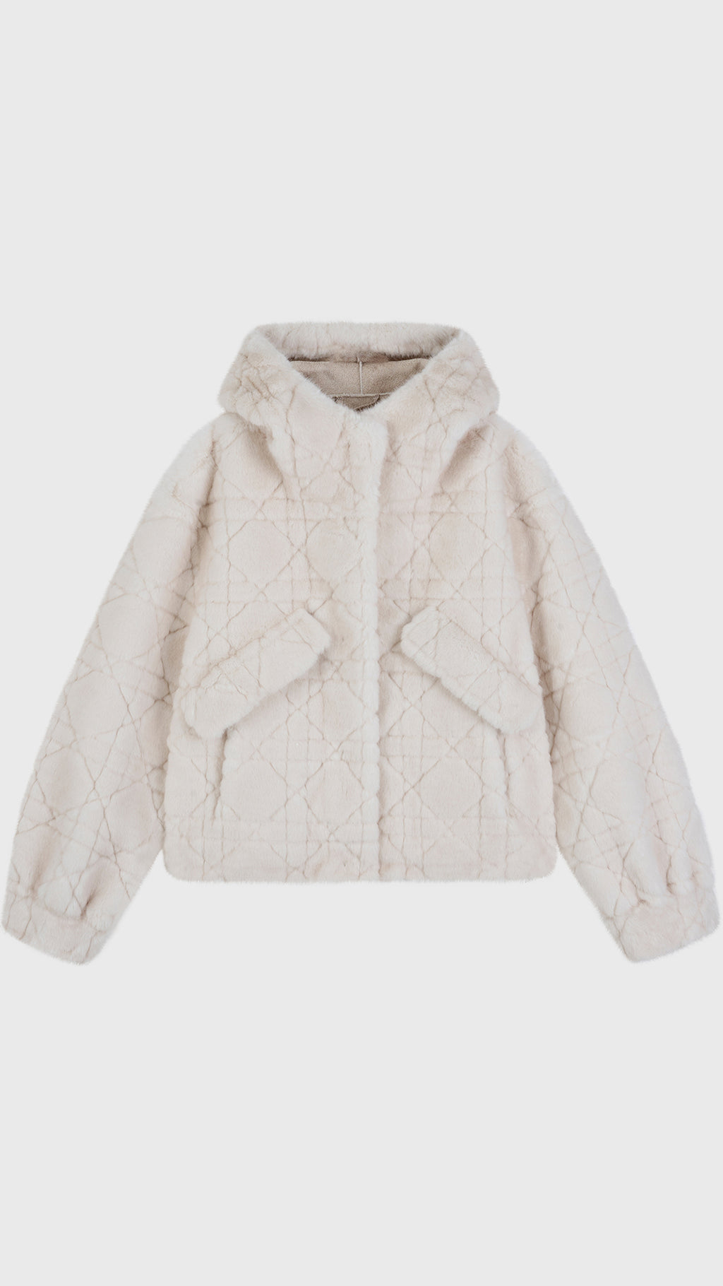 Giacca Corta Invernale Donna in Peluche Sintetico Trapuntato, Cappuccio, Chiusura Nascosta, Giacca Casual Morbida Panna-1