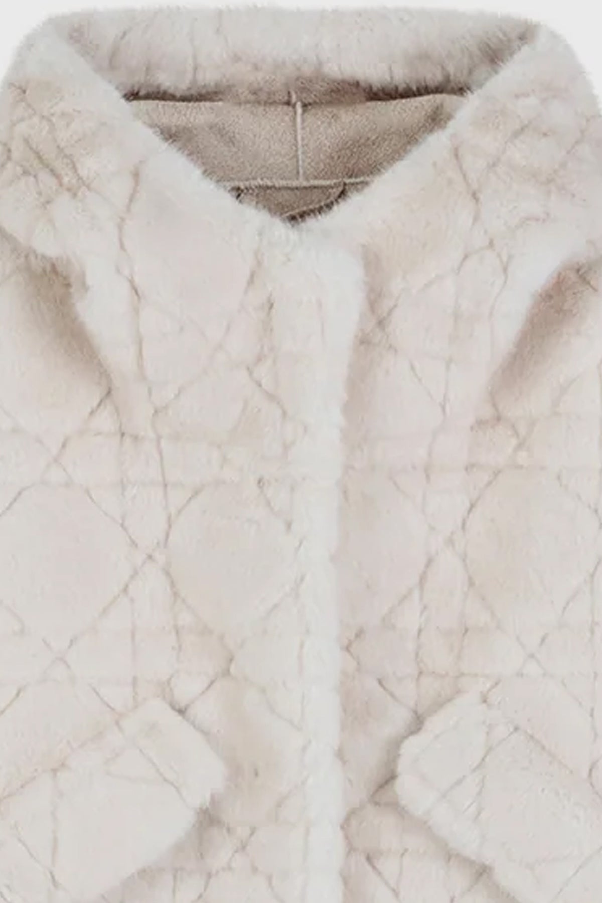Giacca Corta Invernale Donna in Peluche Sintetico Trapuntato, Cappuccio, Chiusura Nascosta, Giacca Casual Morbida Panna-1