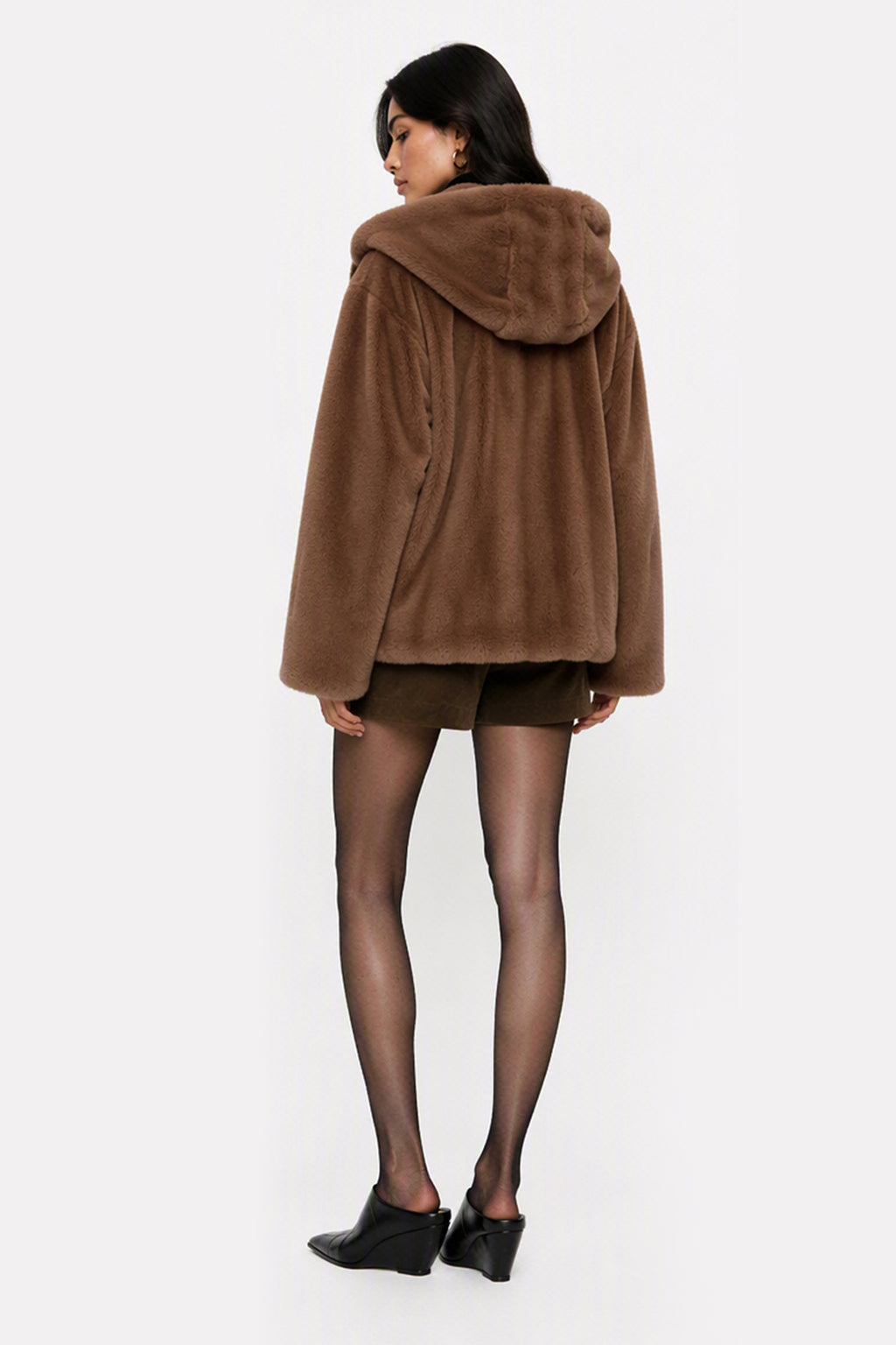 Giacca corta in pelliccia sintetica con cappuccio e zip frontale Beige-1