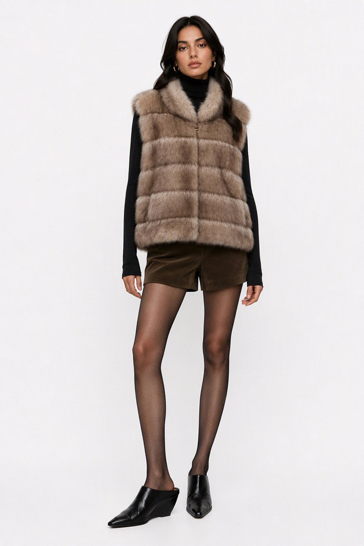 Gilet Senza Maniche Donna in Pelliccia Sintetica, Modello Collo Alto Elegante, Gilet Corto Invernale Casual per Abbinamenti Outfit Beige-1