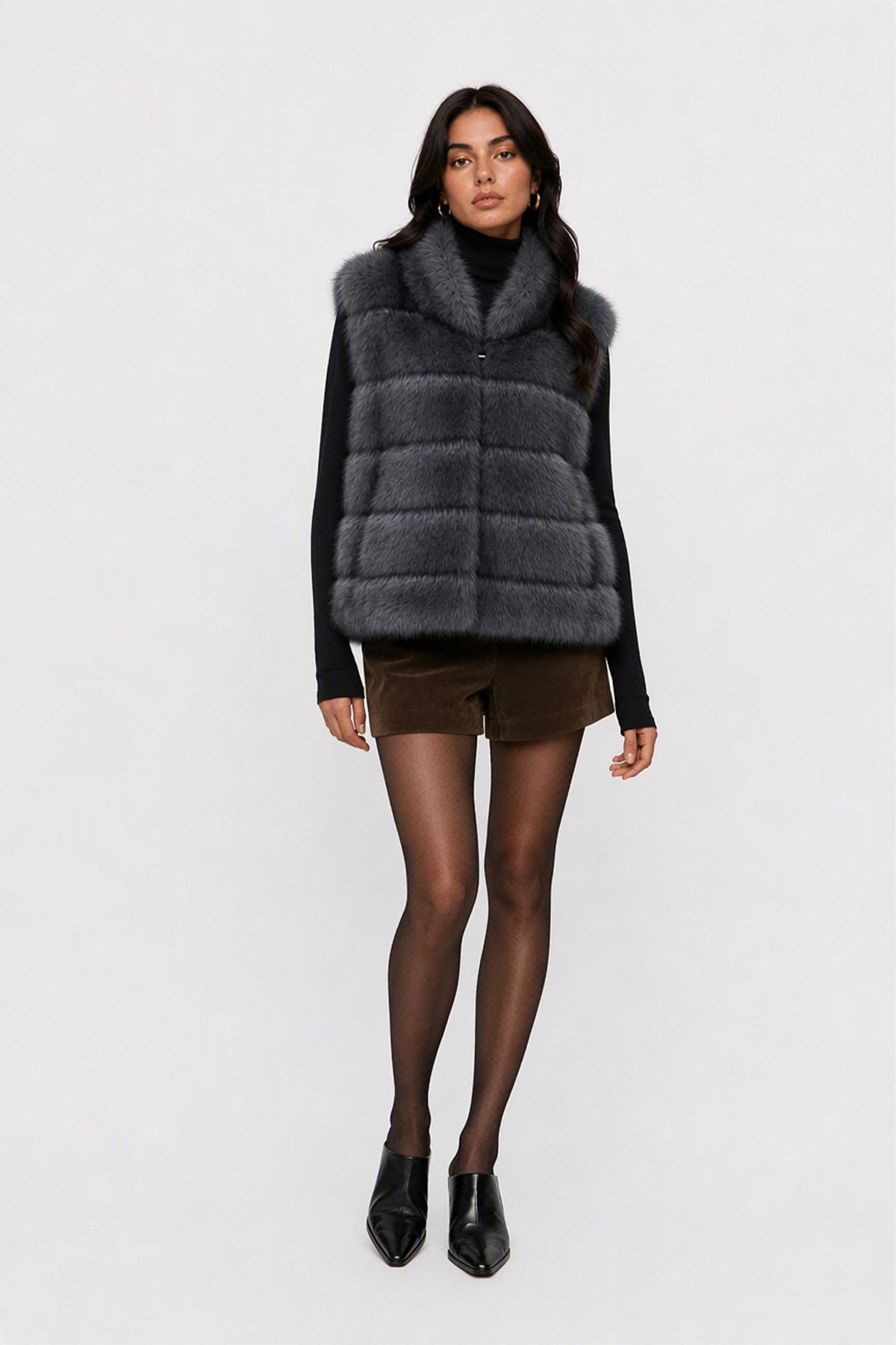Gilet Senza Maniche Donna in Pelliccia Sintetica, Modello Collo Alto Elegante, Gilet Corto Invernale Casual per Abbinamenti Outfit Nero-2