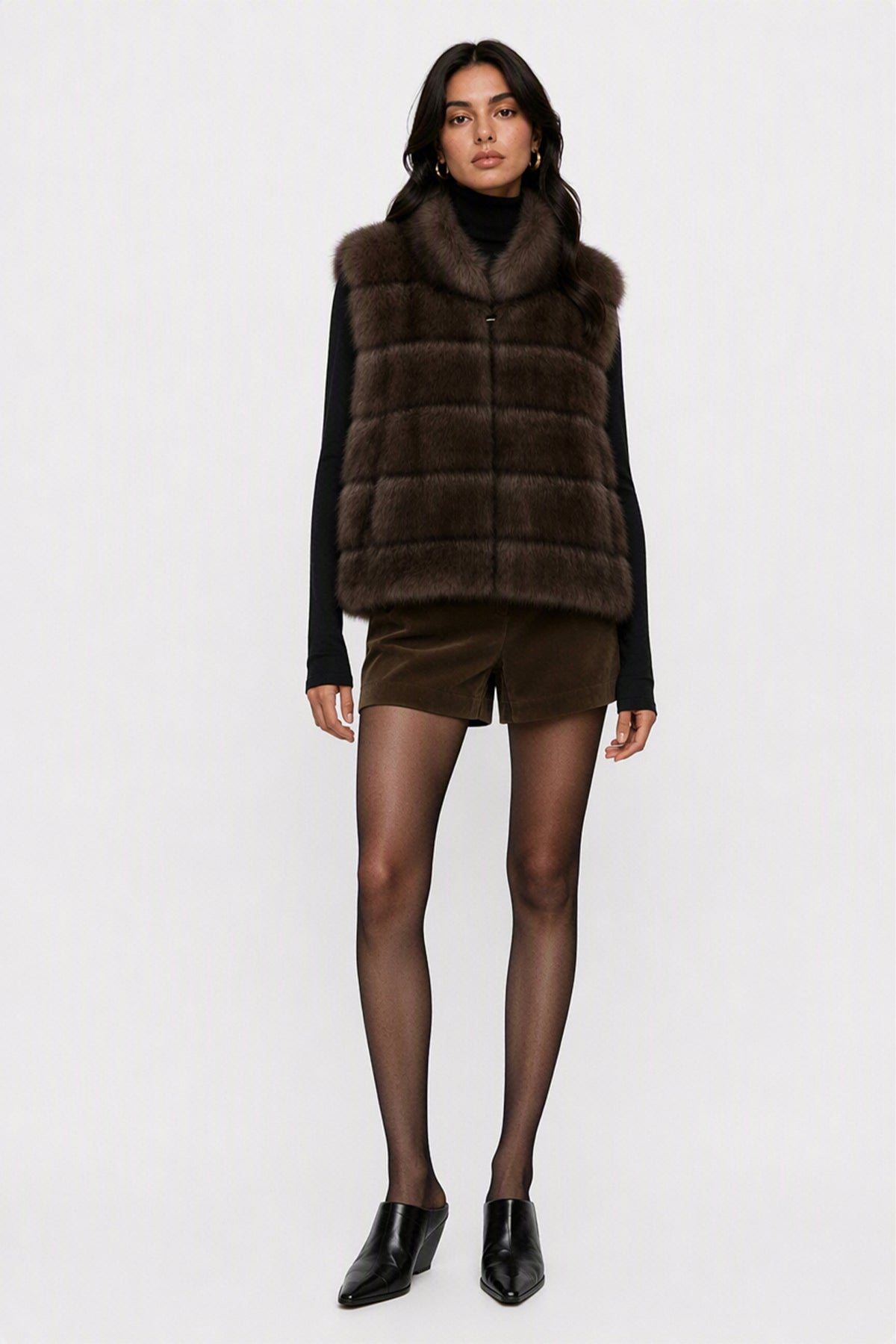 Gilet Senza Maniche Donna in Pelliccia Sintetica, Modello Collo Alto Elegante, Gilet Corto Invernale Casual per Abbinamenti Outfit Fango-3