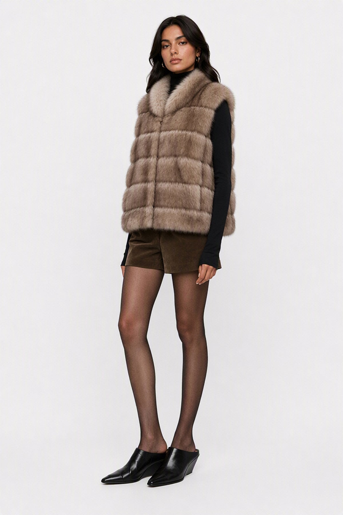 Gilet Senza Maniche Donna in Pelliccia Sintetica, Modello Collo Alto Elegante, Gilet Corto Invernale Casual per Abbinamenti Outfit Beige-1