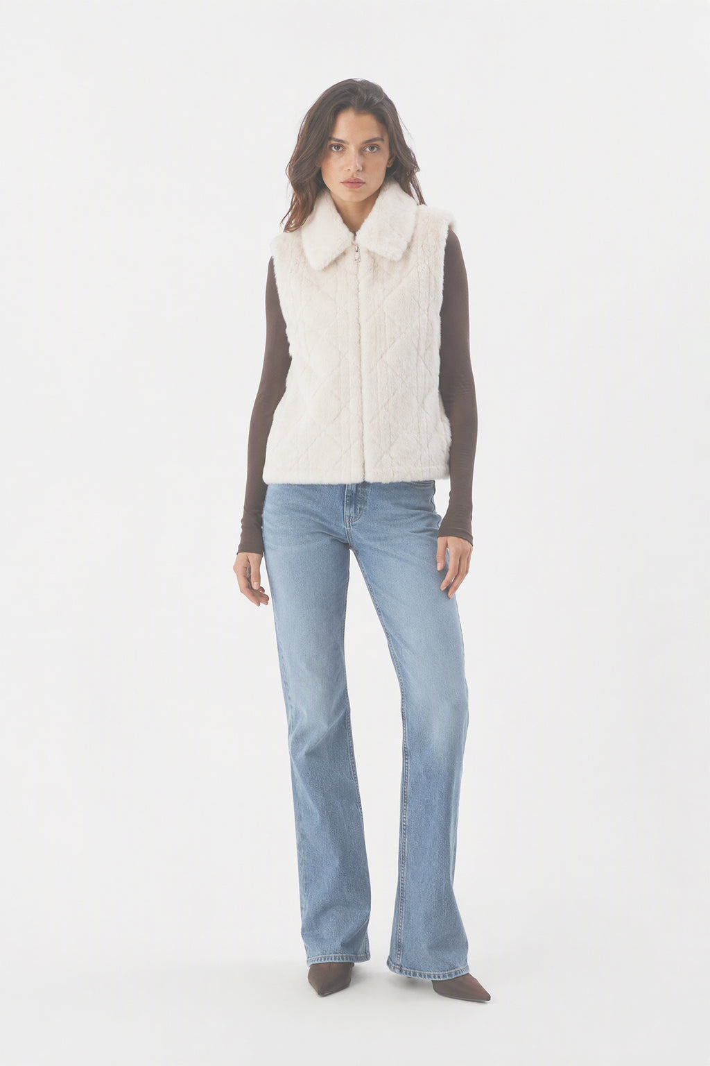 Gilet Senza Maniche in Peluche Sintetico, Colletto Rialzato con Zip, Modello Trapuntato, Giacca Gilet Invernale Casual per Donna Panna-1