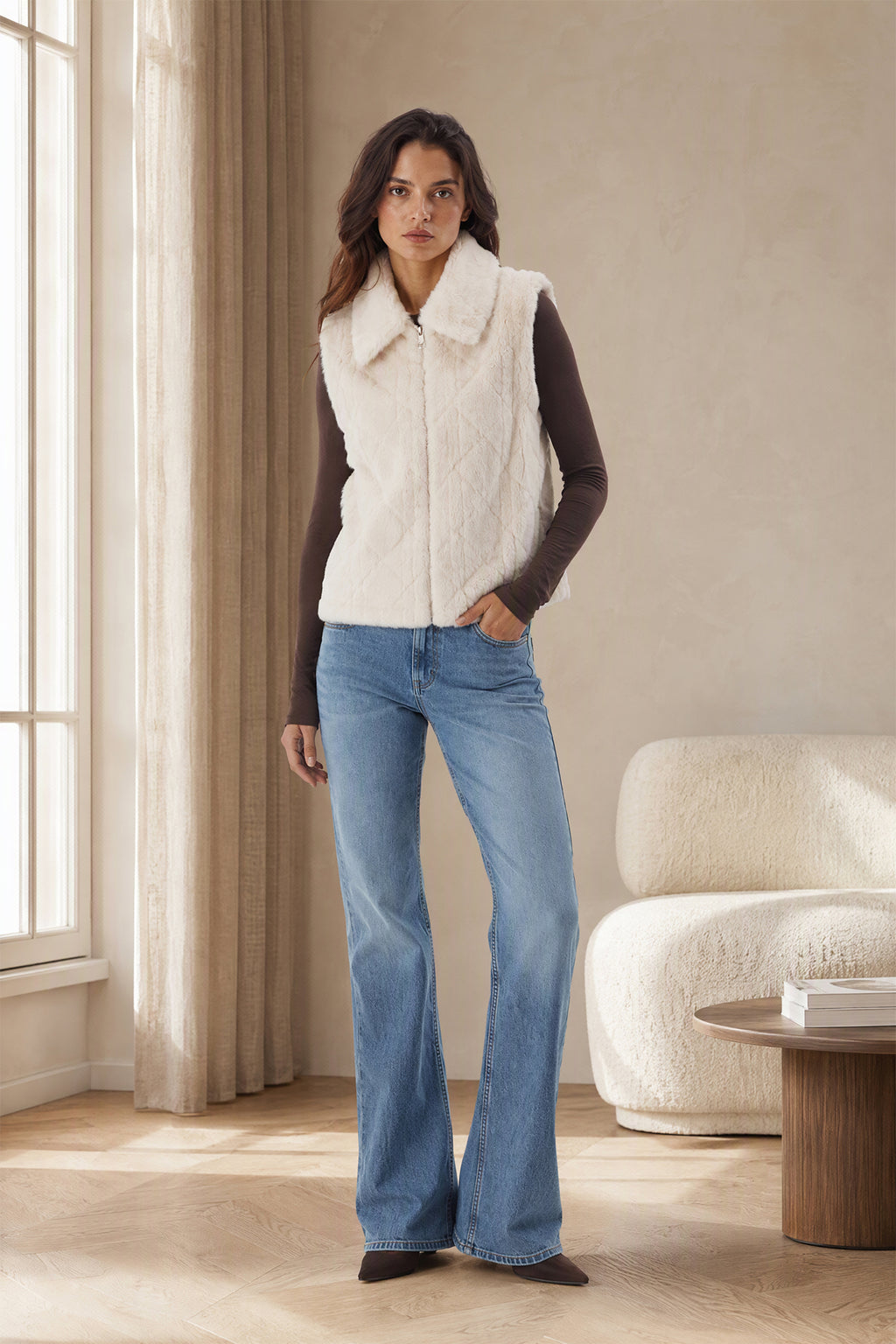 Gilet Senza Maniche in Peluche Sintetico, Colletto Rialzato con Zip, Modello Trapuntato, Giacca Gilet Invernale Casual per Donna Panna-1