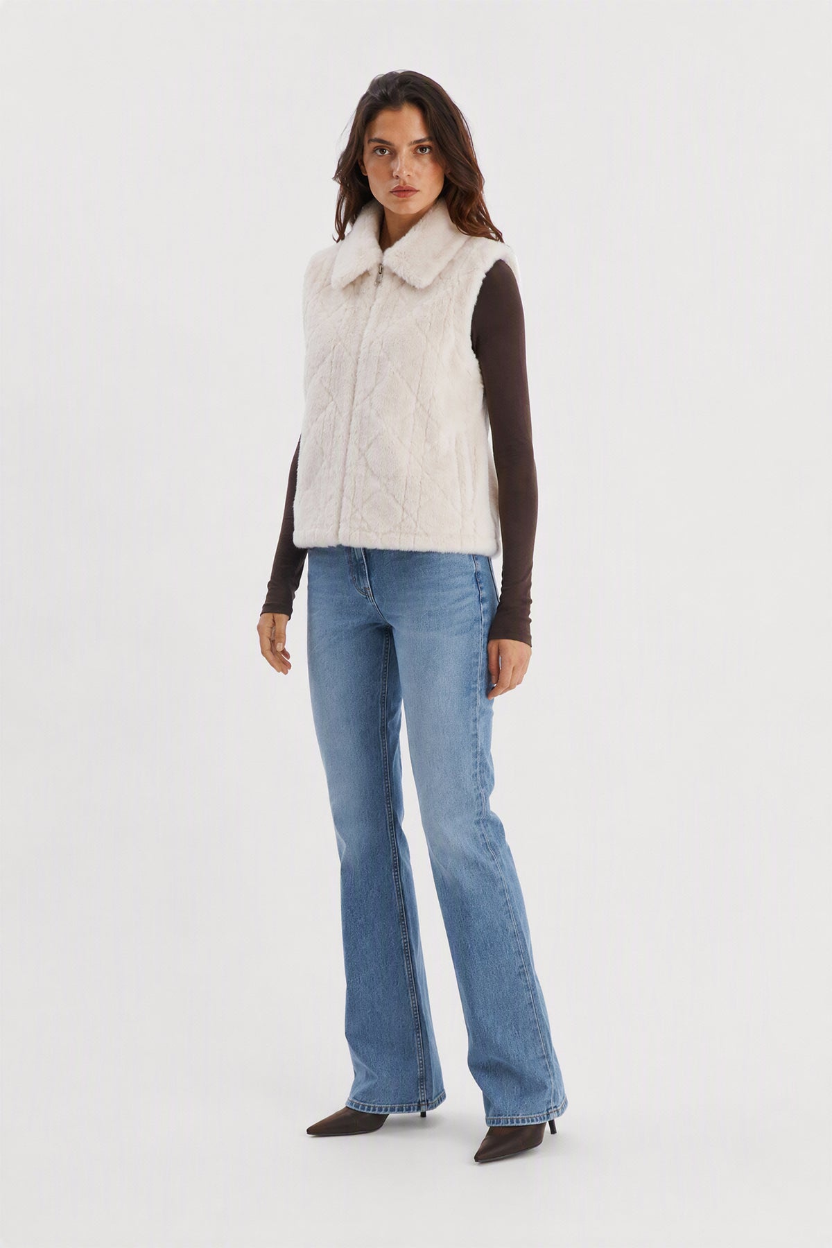 Gilet Senza Maniche in Peluche Sintetico, Colletto Rialzato con Zip, Modello Trapuntato, Giacca Gilet Invernale Casual per Donna Panna-1