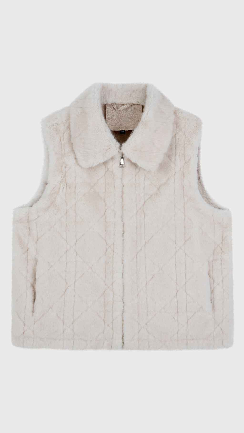 Gilet Senza Maniche in Peluche Sintetico, Colletto Rialzato con Zip, Modello Trapuntato, Giacca Gilet Invernale Casual per Donna Panna-1