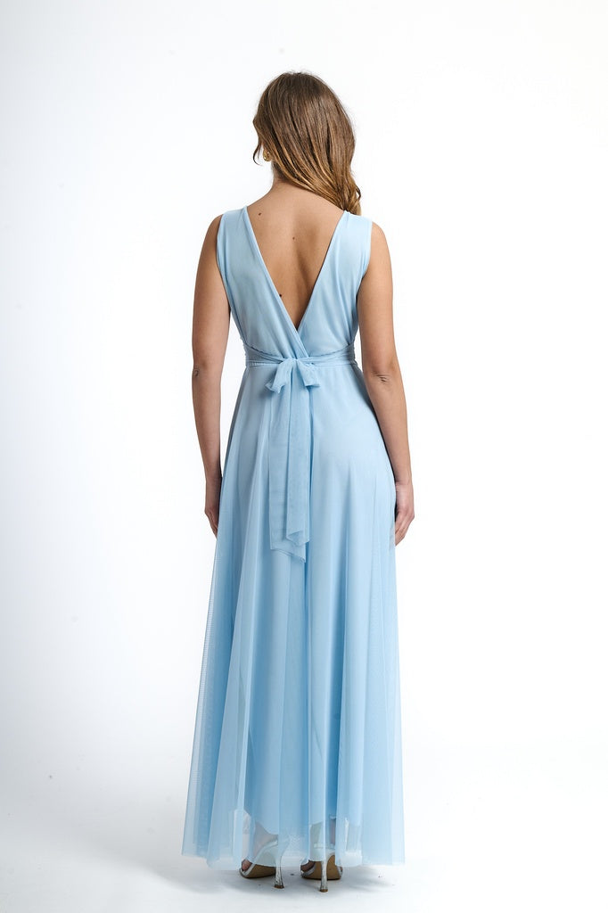 Glamour abito azzuro lungo, spallacci, scollatura a V, finitura drappeggiata al torso.