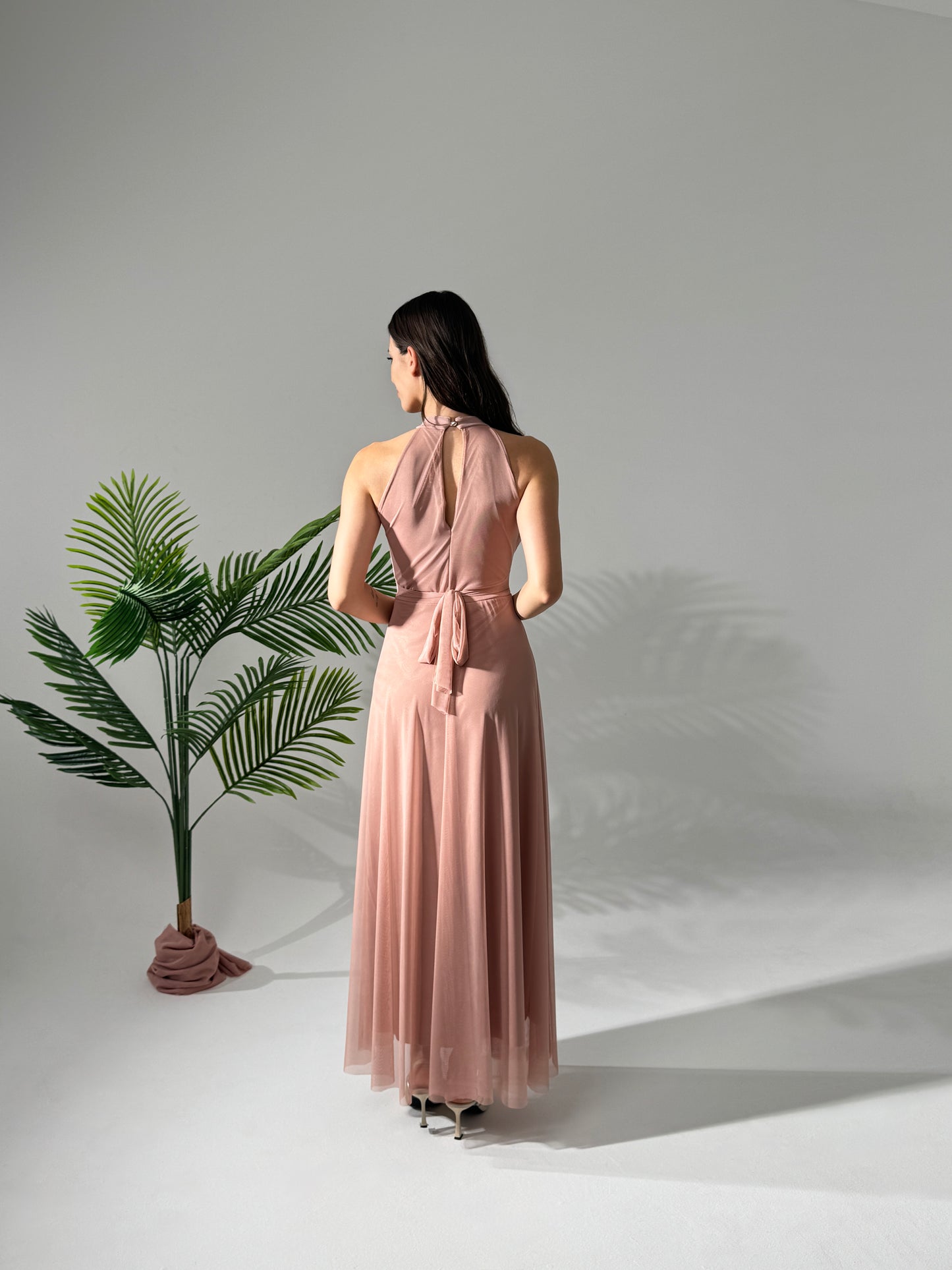 Donna con abito lungo rosa, collo alto a nodo, accanto a pianta