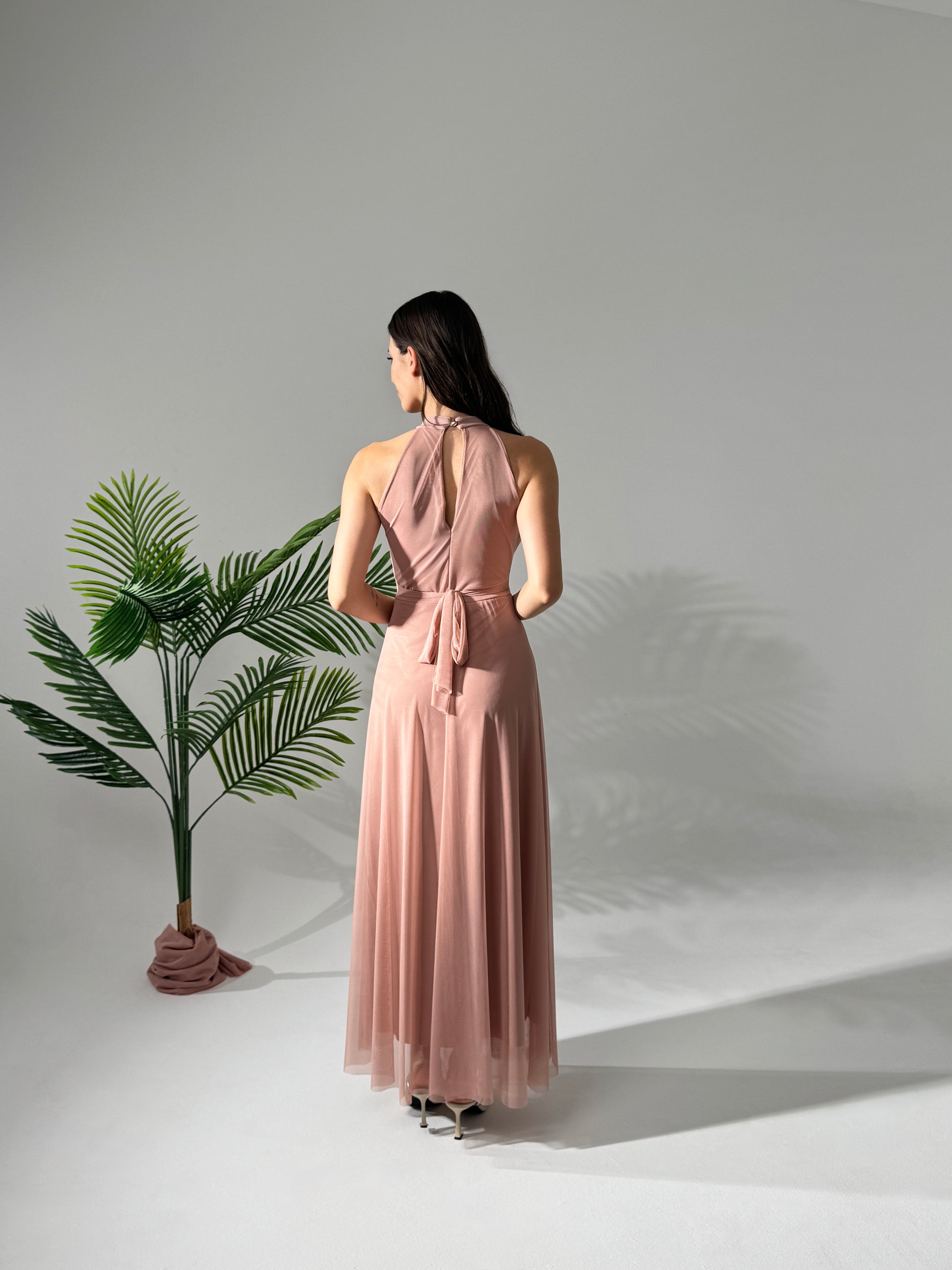 Donna con abito lungo rosa, collo alto a nodo, accanto a pianta