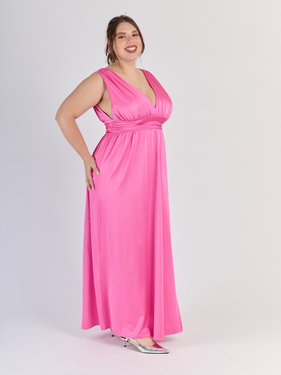 Lungo abito Fuxia senza maniche con scollo a V profondo e vita in pizzo, perfetto