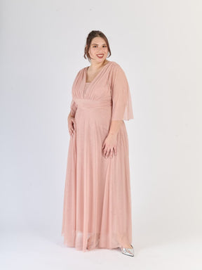 Lungo abito rosa antico dal design nostalgico, maniche trasparenti e scollatura a V, per eventi affascinanti.