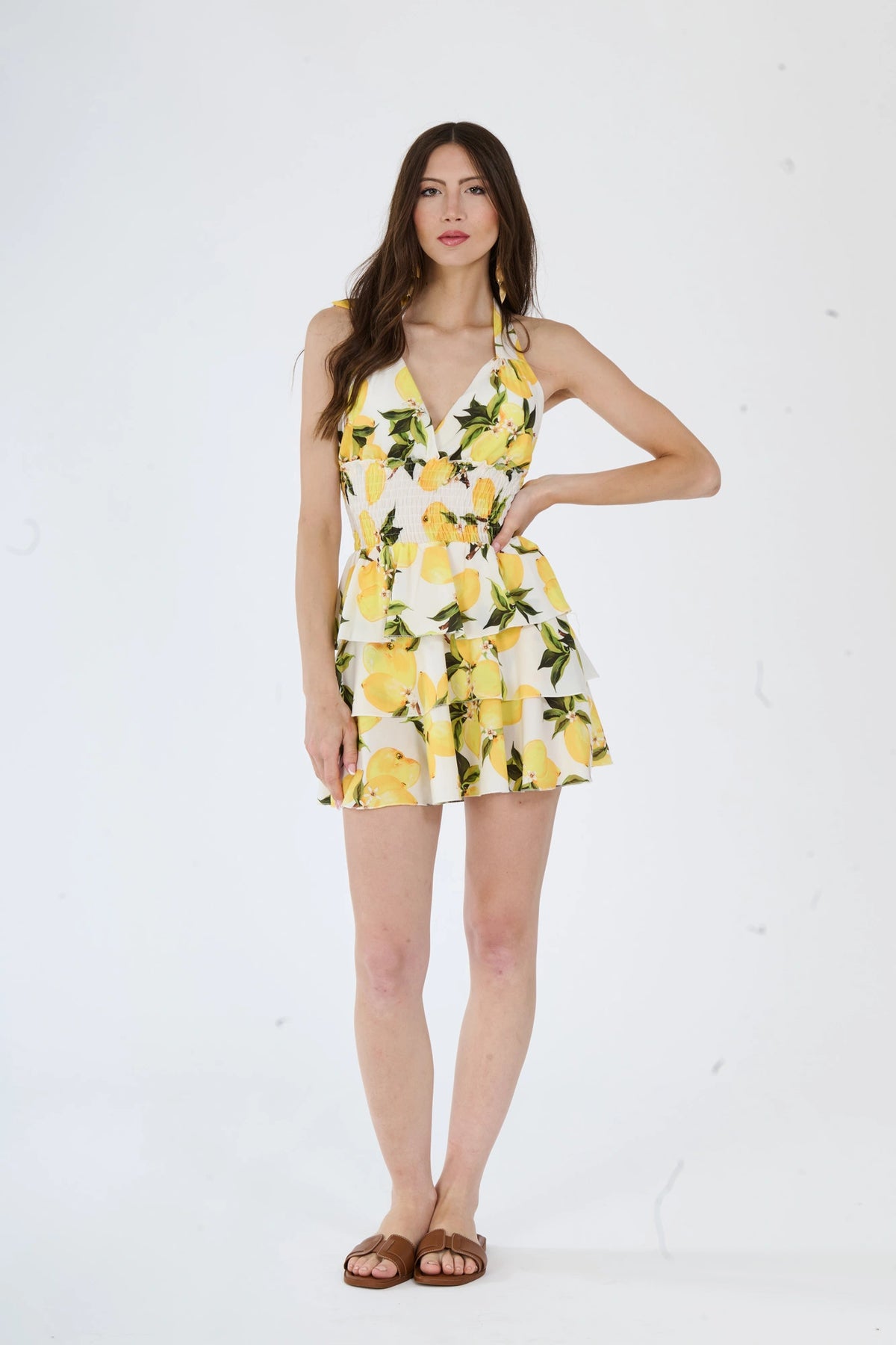 Abito "Petalina" – Mini abito con stampa limoni e fiori rosa