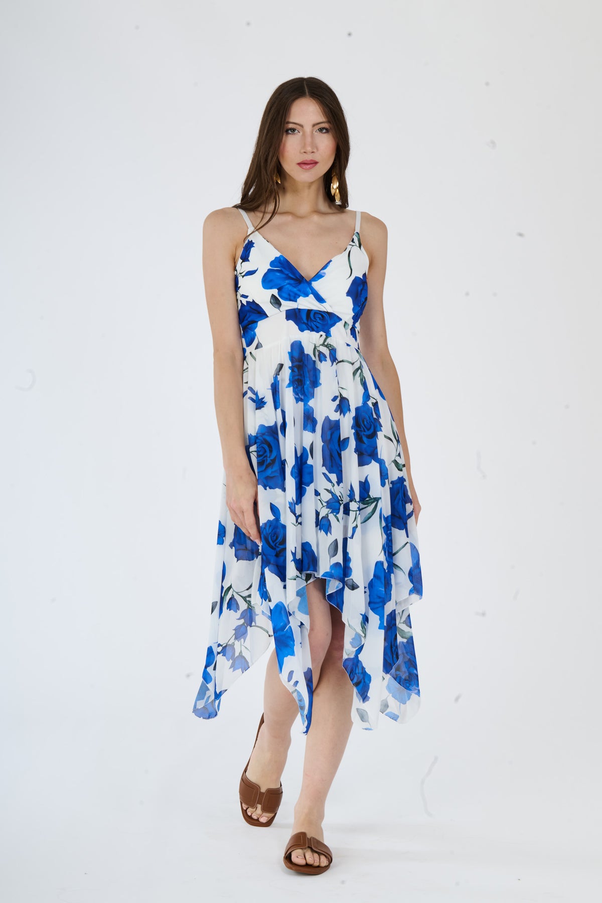 Abito “Flora” – Vestito Asimmetrico con Spalline e Stampa Floreale Blu