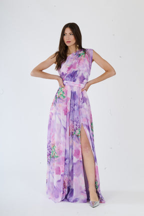 Abito elegante Lilla con design a spalla unica, fascia vita e apertura leggera