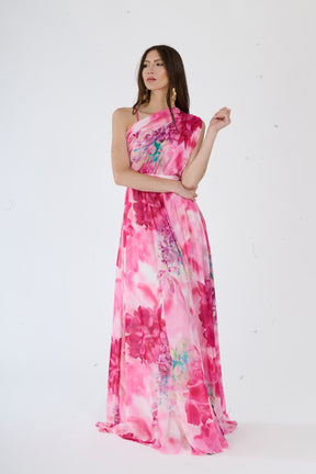 Abito elegante Fuxia con design a spalla unica, fascia vita e apertura leggera