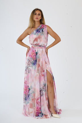 Abito elegante Rosa Antico con design a spalla unica, fascia vita e apertura leggera
