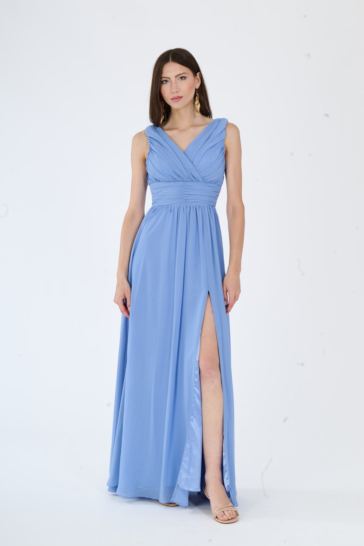 Abito “Callista” – Vestito Lungo Scollo a V con Spalline Drappeggiate e Spacco Laterale