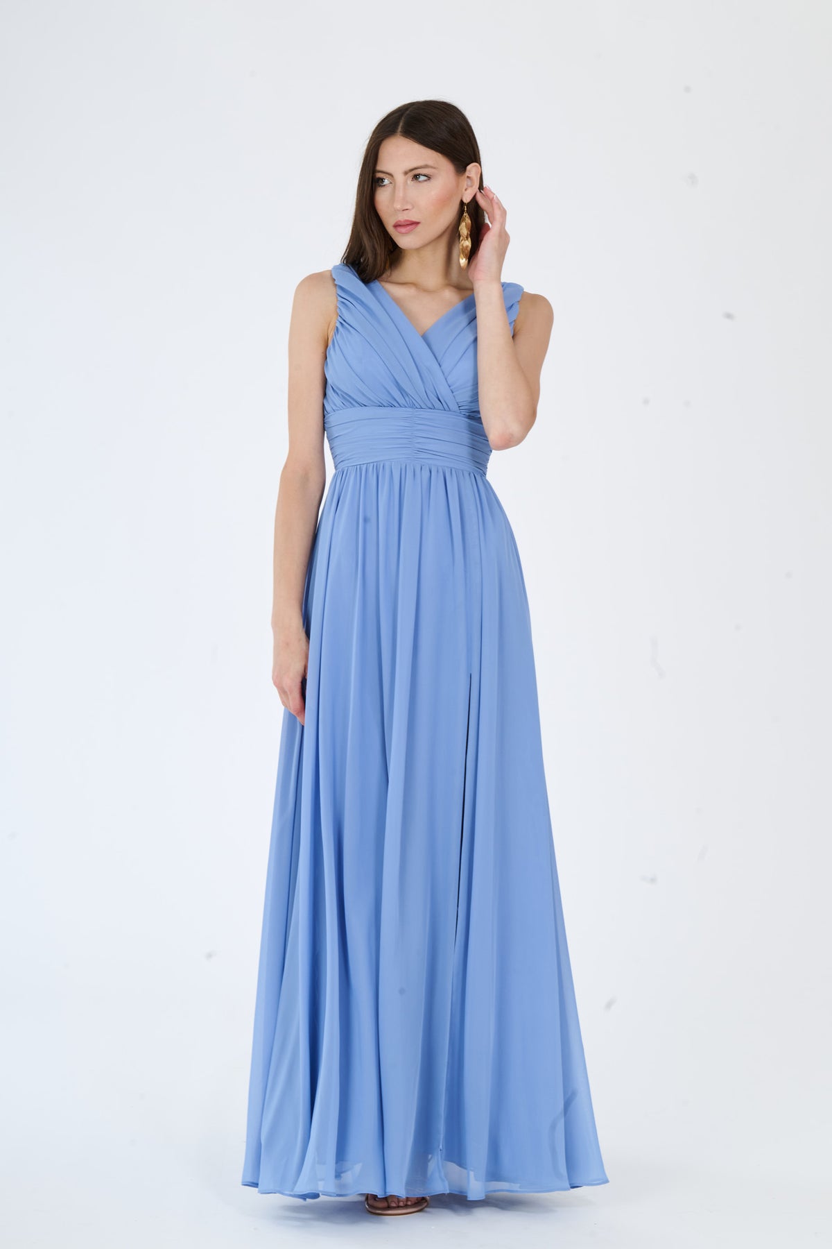 Abito “Callista” – Vestito Lungo Scollo a V con Spalline Drappeggiate e Spacco Laterale