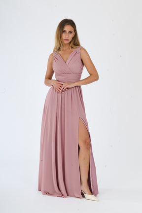Abito elegante Rosa Antico, taglio fluido con scollatura a V e apertura leggera