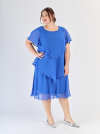 Maggiore abito bluette, chiffon leggero, tre livelli e maniche semi - trasparenti