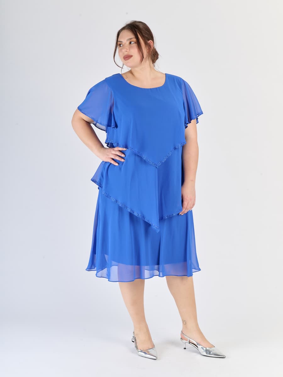 Maggiore abito bluette, chiffon leggero, tre livelli e maniche semi - trasparenti
