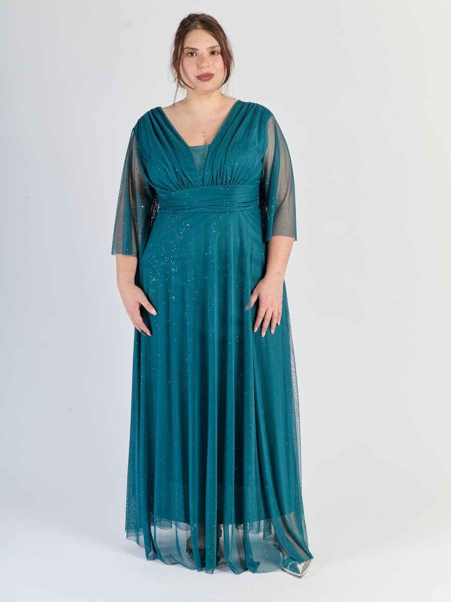 Maggiore abito formale ottanio, tulle leggero e maniche traslucide, eleganza dorata.