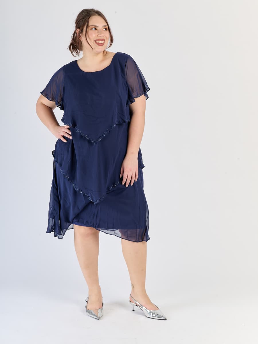 Maggiore abito navy, chiffon leggero, tre livelli e colore timeless