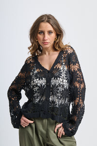 Maglione in pizzo nero con bottoni e design all-over crochet