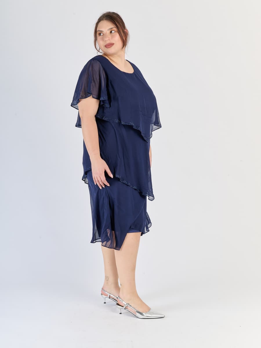 Navy dress con tre livelli distinti, maniche trasparenti e eleganza nautica