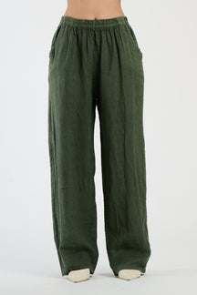 Pantaloni in vita elastica colore militare, robusti e comodi