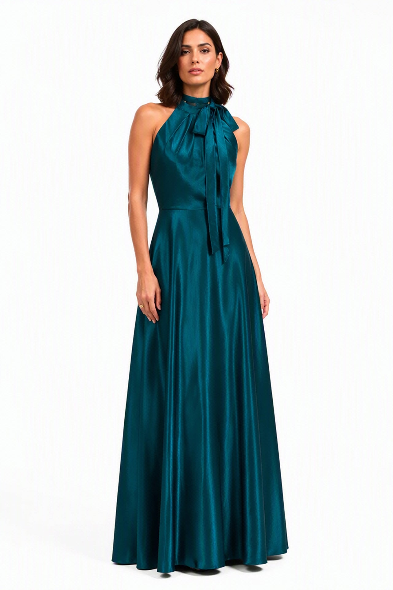 Vestito Lungo Satin Donna Collo Halter con Fiocco Legabile, Abito Elegante Vita Definita e Gonna Ampia da Cerimonia -4