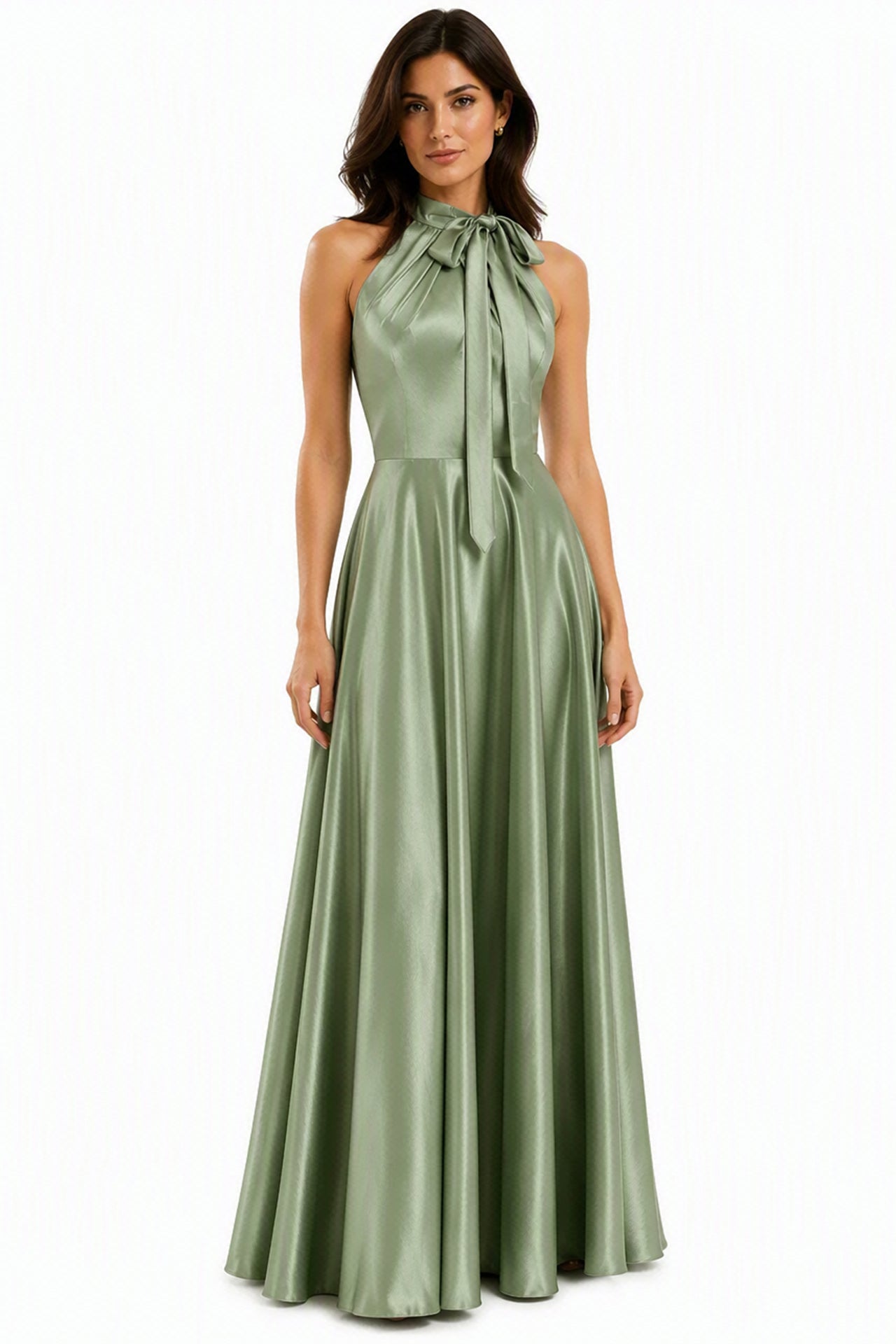 Vestito Lungo Satin Donna Collo Halter con Fiocco Legabile, Abito Elegante Vita Definita e Gonna Ampia da Cerimonia -6