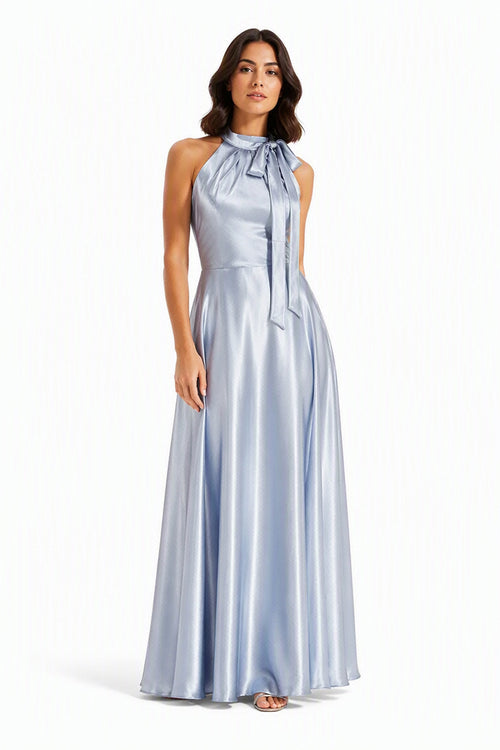 Vestito Lungo Satin Donna Collo Halter con Fiocco Legabile, Abito Elegante Vita Definita e Gonna Ampia da Cerimonia -1