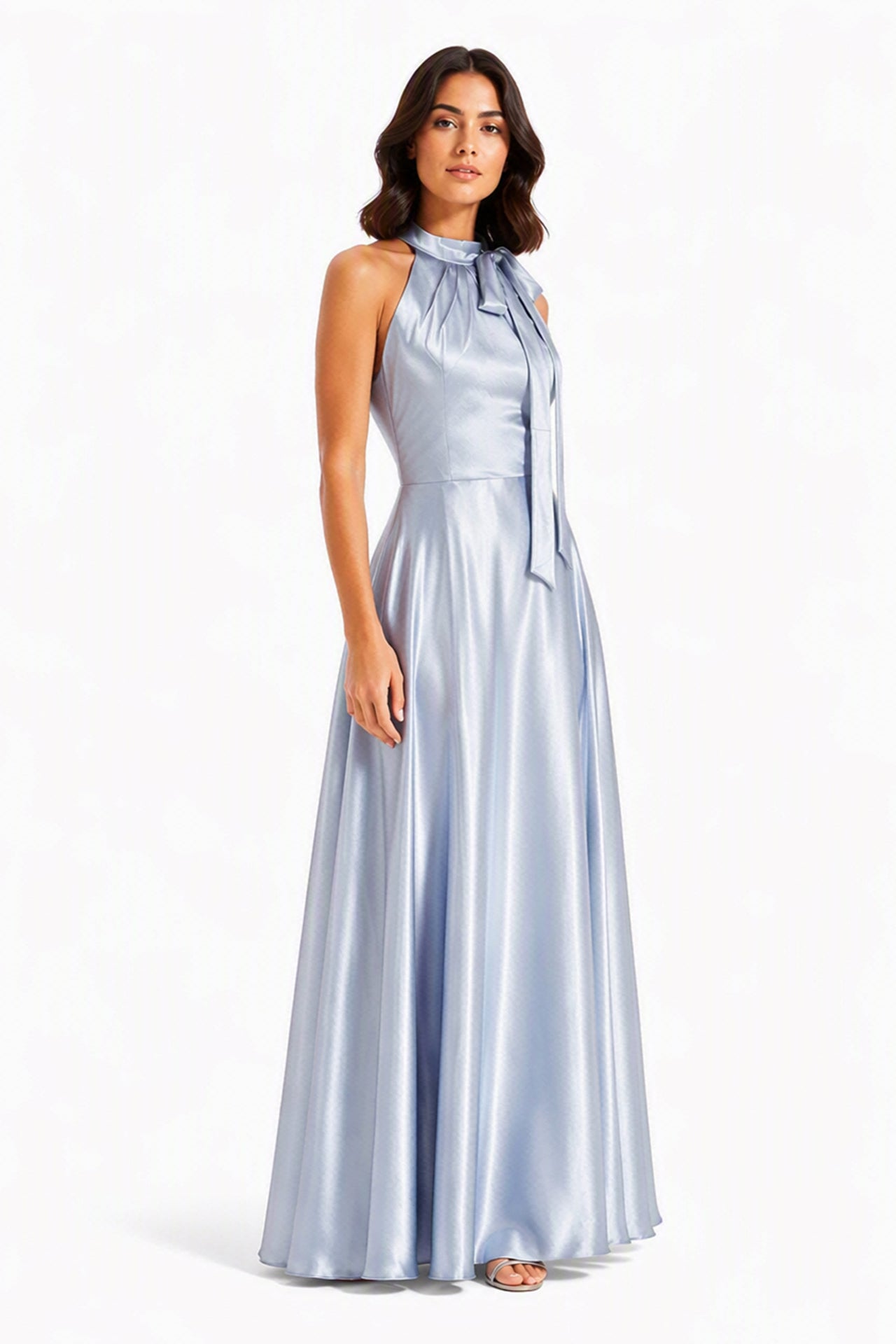 Vestito Lungo Satin Donna Collo Halter con Fiocco Legabile, Abito Elegante Vita Definita e Gonna Ampia da Cerimonia -1